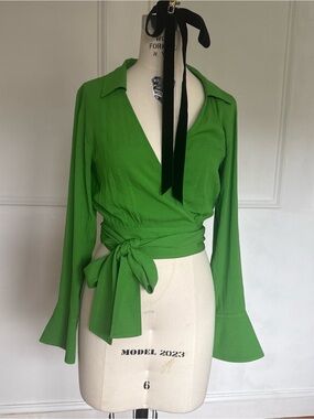 & Other Stories Bright Green Wrap Blouse with Tie Waist